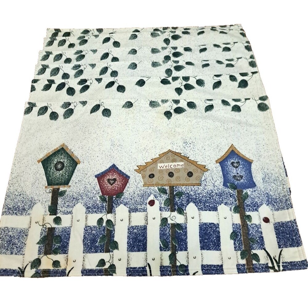 Vintage Bird House Placemats Quilted Set Of 6 White 13x19 Handmade Country READ
